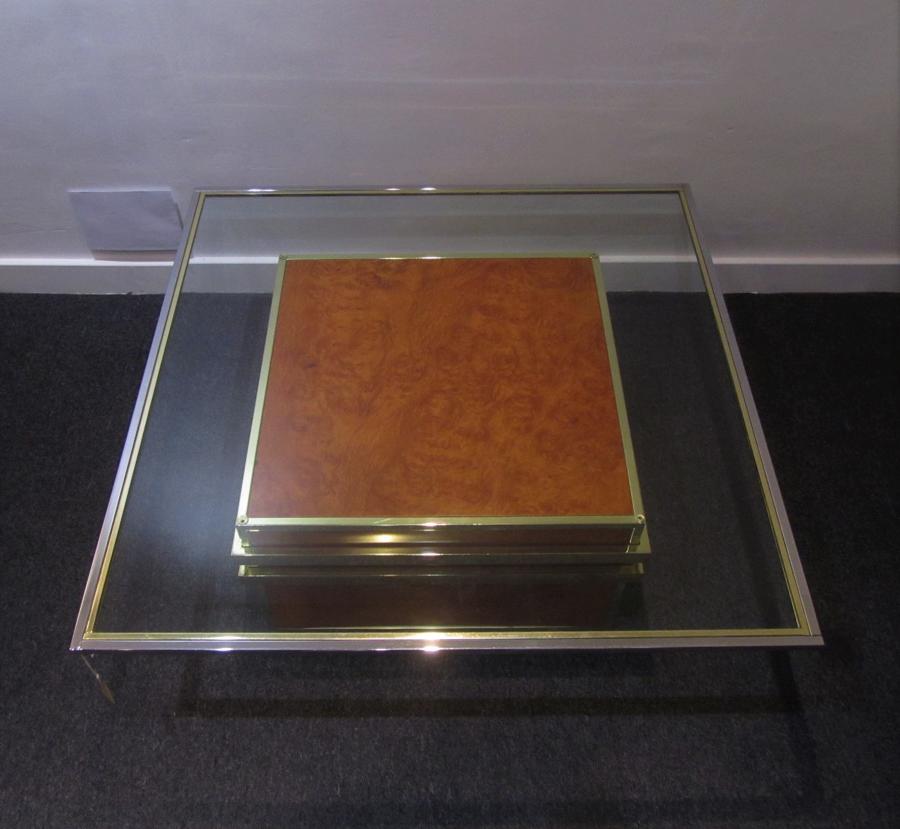 A burr walnut brass and chrome Zevi coffee table