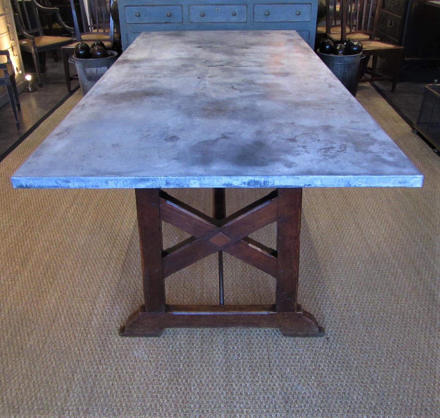 A French 19thC zinc and pine refectory table