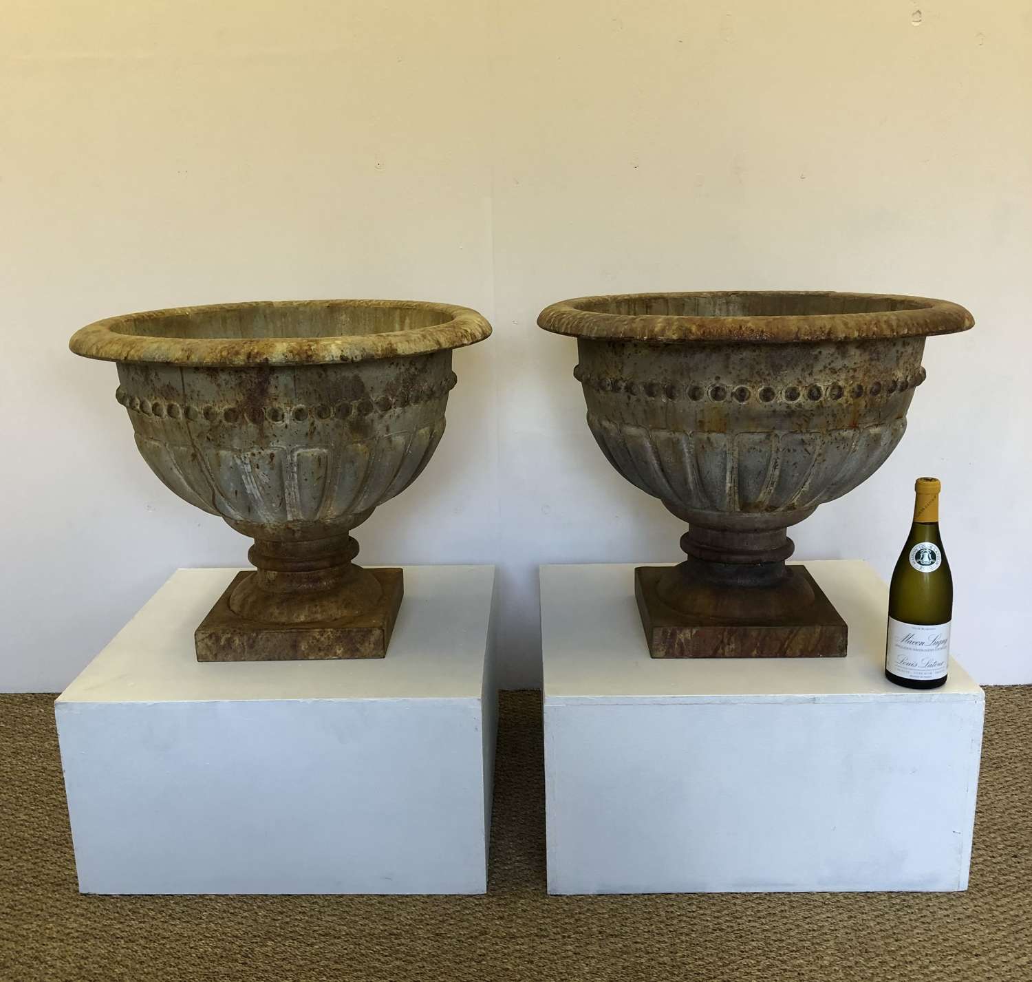 A large pair of Zinc orangery urns
